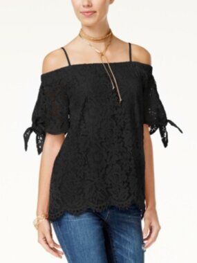 Miss Chevious Women's Lace Off the Shoulder Adjustable Strap Short Sleeve Blouse
